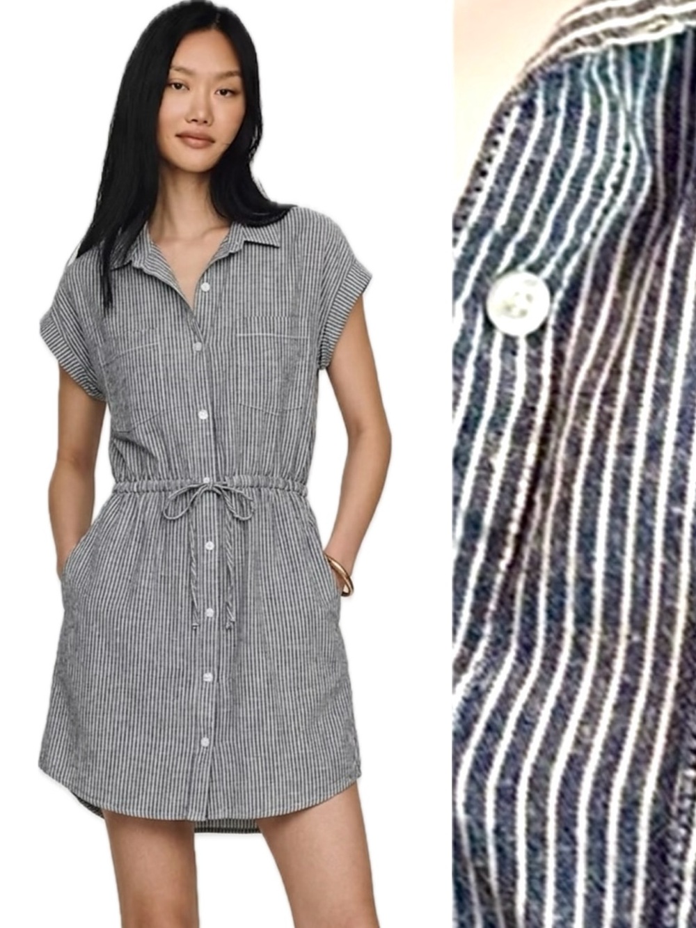 Japna Pinstripe Short Sleeve Shirtdress Size Small Elastic Waist Hi-Lo Hem Mini